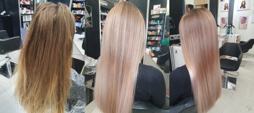 Metamorfoza włosów z techniką Sombre w Salonie Agneess na Ursynowie, przed i po zabiegu – naturalny blond transformowany w delikatne rozjaśnienie.