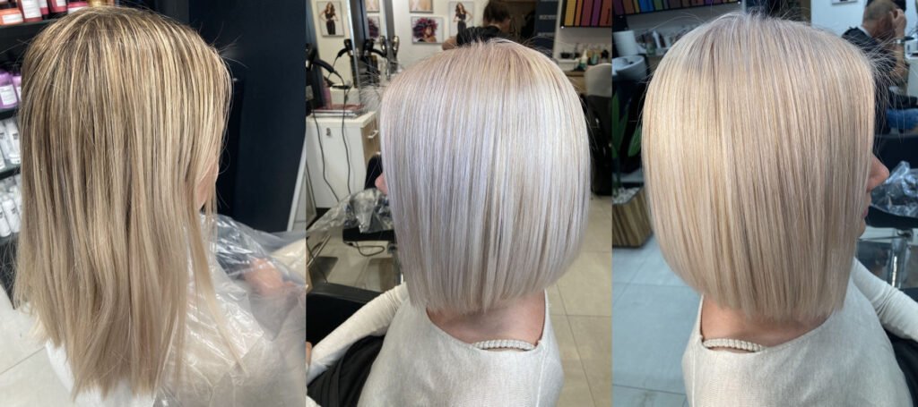Elegancki, jednolity popielaty blond po zabiegu koloryzacji w salonie fryzjerskim Agneess, odzwierciedlający umiejętności stylistki Magdy.