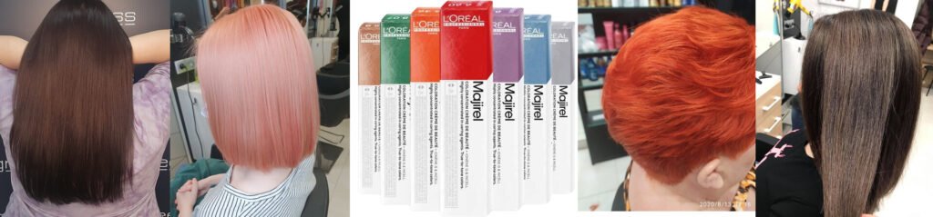 Zdjęcie przed i po koloryzacji włosów z użyciem farb L'Oréal Professionnel Majirel, prezentujące różne odcienie i efekty, od naturalnych po intensywne, w Salonie Agneess.