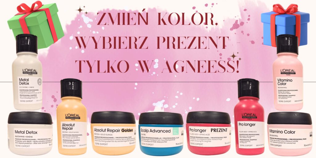 Baner promocyjny Agneess z wyborem prezentu przy koloryzacji, przedstawiający produkty L'Oréal Professionnel: szampony i maski Metal Detox, Absolut Repair Golden, Scalp Advanced, Pro Longer i Vitamino Color, z kolorowymi pudełkami prezentowymi.