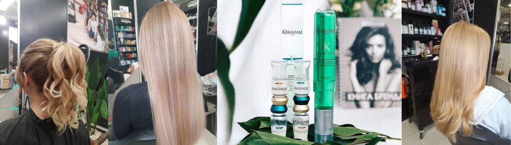 Baner reklamowy przedstawiający cztery zdjęcia z różnymi usługami i produktami dostępnymi w Salonie Agneess: "Promienny Blask: Słoneczne Blondy", "Elegancja w Ruchu: Efektowne Upięcia", "Subtelność i Głębia: Koloryzacja Sombre", oraz "Zdrowe Włosy, Promienny Uśmiech: Wzmacniająca Pielęgnacja". Każde zdjęcie ilustruje daną usługę lub produkt, a w tle widoczny jest elegancki logo Salonu Agneess.