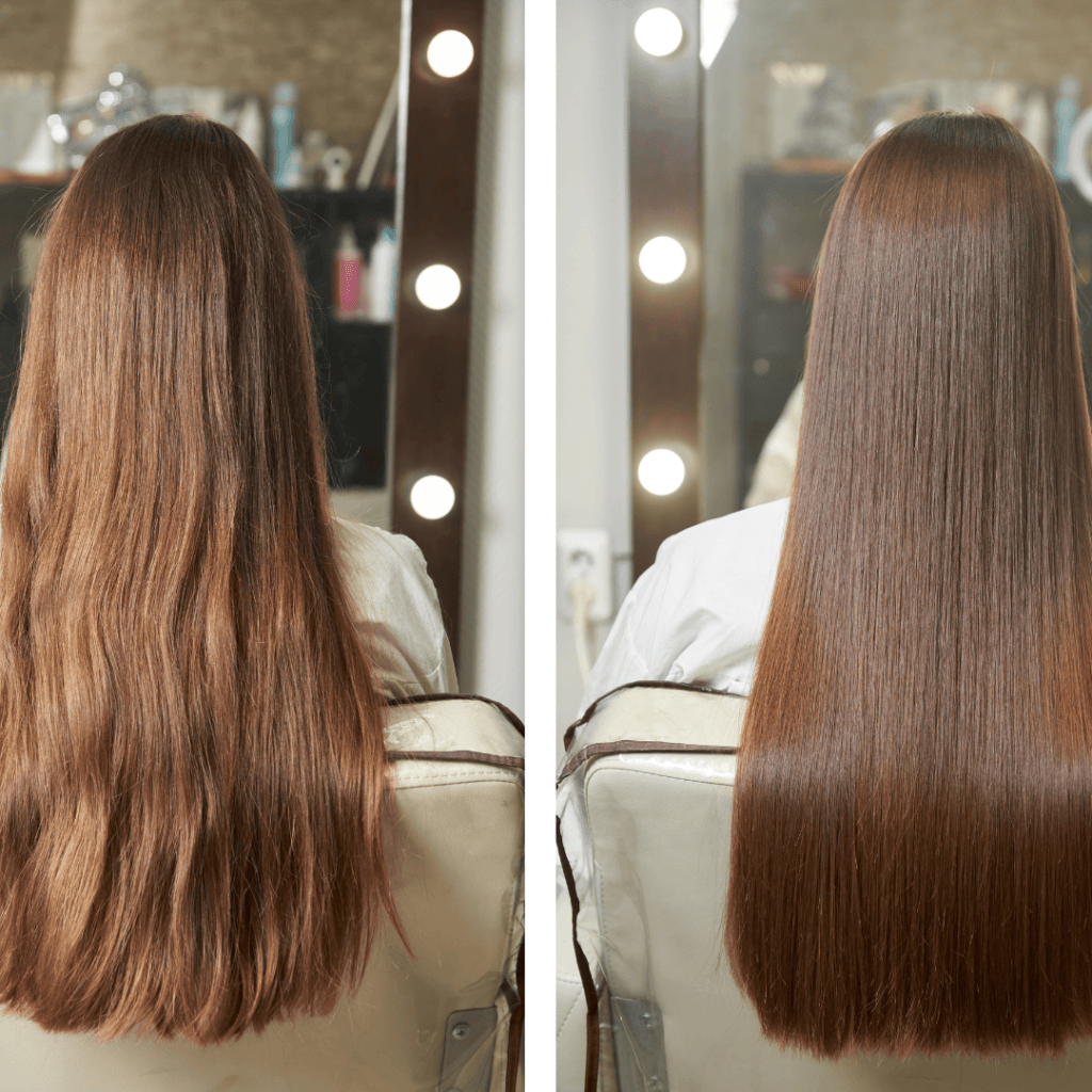 włosy przed i po keratynowym prostowaniem włosów