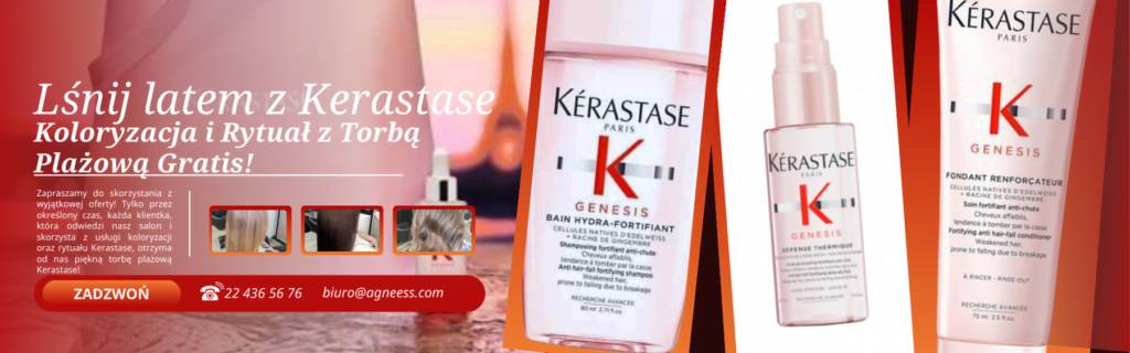 Baner promocyjny salonu fryzjerskiego Agneess z napisem 'Lśnij latem z Kerastase - Koloryzacja i Rytuał z Torbą Plażową Gratis!' oraz zdjęciami produktów Kerastase Genesis: szamponu, mleczka i odżywk