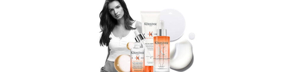Produkty Kérastase Nutritive do pielęgnacji rozdwojonych końcówek - Nutritive Bain Satin, Nutritive Lait Vital, Nutri-Supplement Split Ends Serum, Nectar Thermique, modelka z długimi włosami