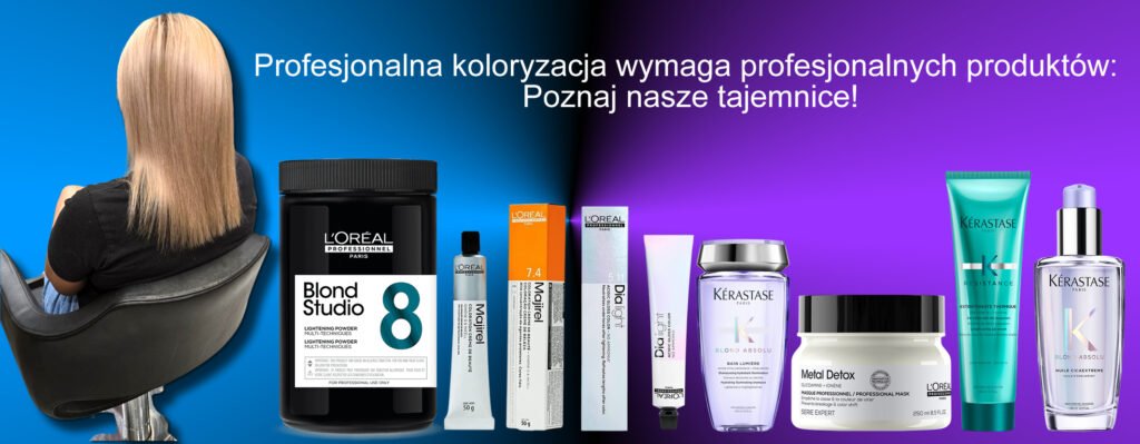 Baner przedstawiający efekty koloryzacji blond w odcieniach beżu z produktami użytymi do stylizacji i pielęgnacji włosów w salonie.