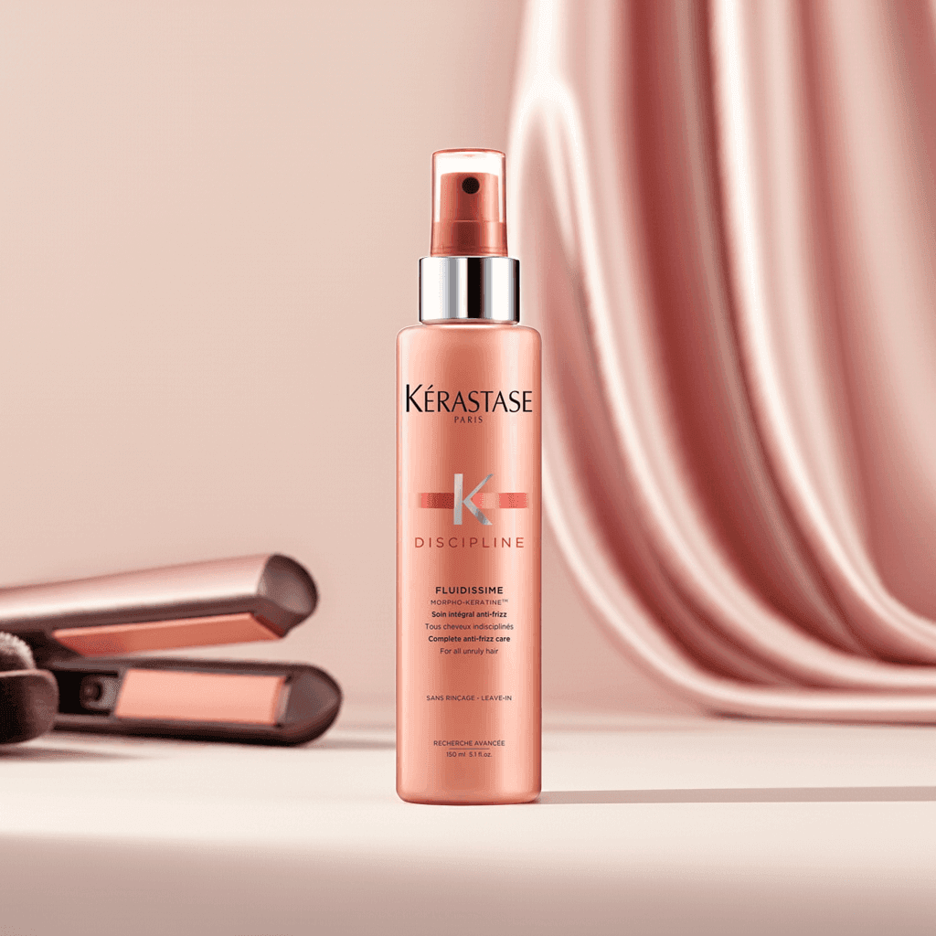 Spray termoochronny Kérastase Discipline Fluidissime na tle prostownicy i jedwabistej tkaniny, symbolizującej wygładzenie i ochronę włosów.