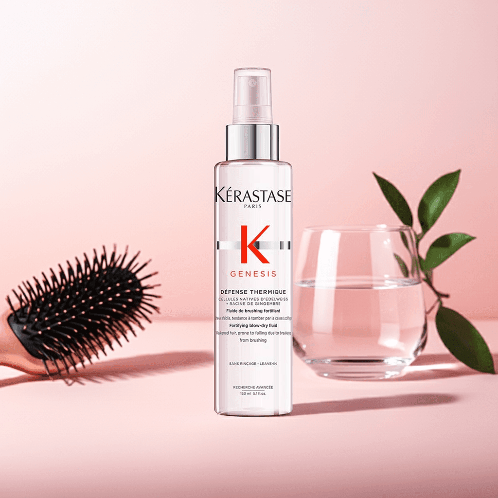 Kérastase Genesis Défense Thermique z wodą i liściem w tle — wzmacniająca termoochrona dla osłabionych włosów.