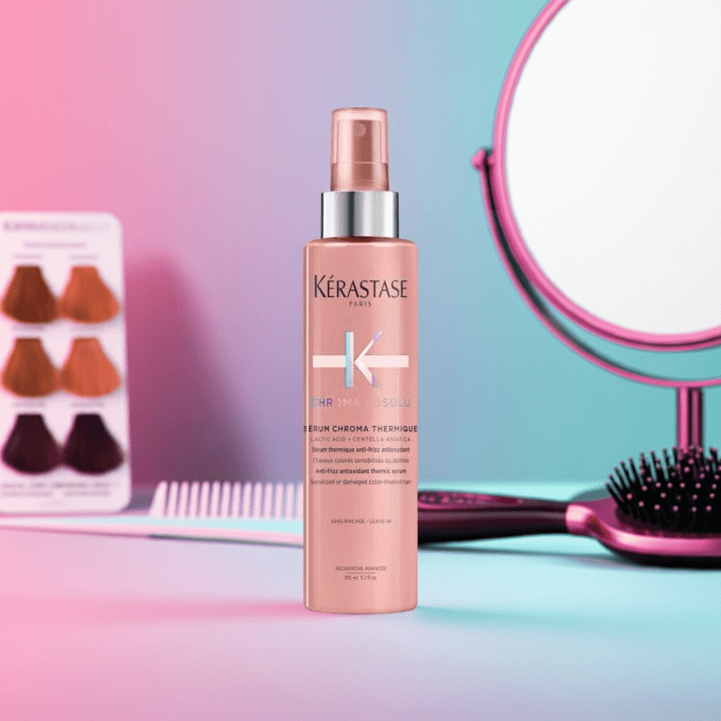 Serum termoochronne Kérastase Chroma Absolu Chroma Thermique na tle szczotki i próbników kolorów — ochrona koloru i połysku włosów farbowanych.