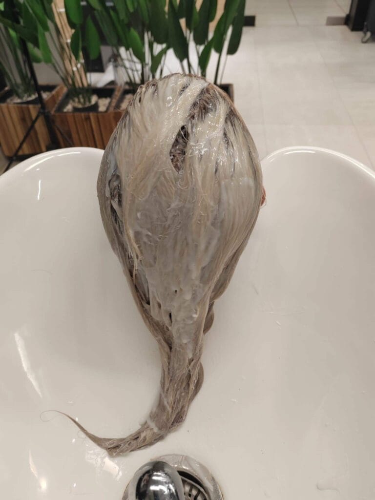 Włosy klientki podczas tonowania – nałożony preparat koloryzujący w trakcie działania.