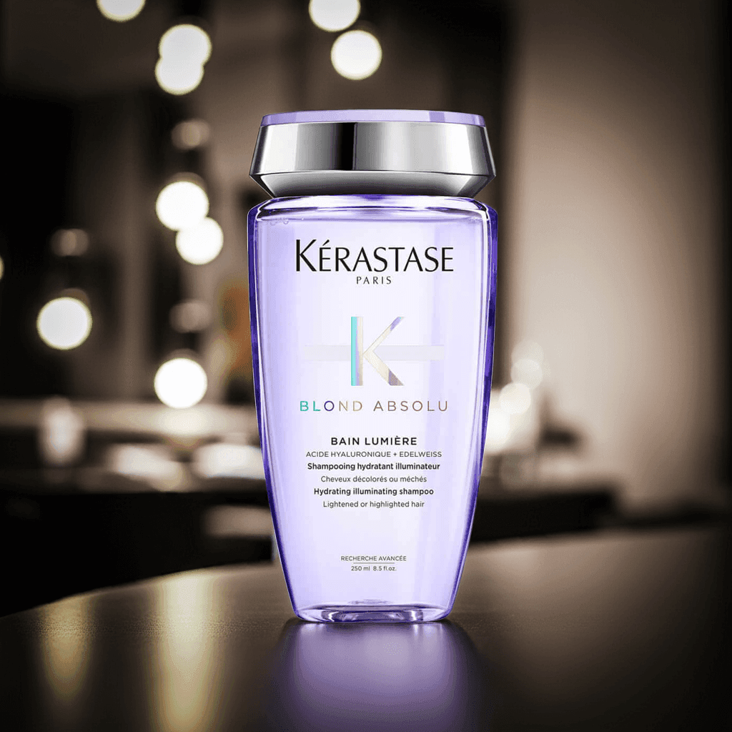 Butelka szamponu Kérastase Blond Absolu Bain Lumière 250 ml w przezroczystym, fioletowym opakowaniu z chromowaną nakrętką – szampon rozświetlający i nawilżający do włosów blond i rozjaśnianych.