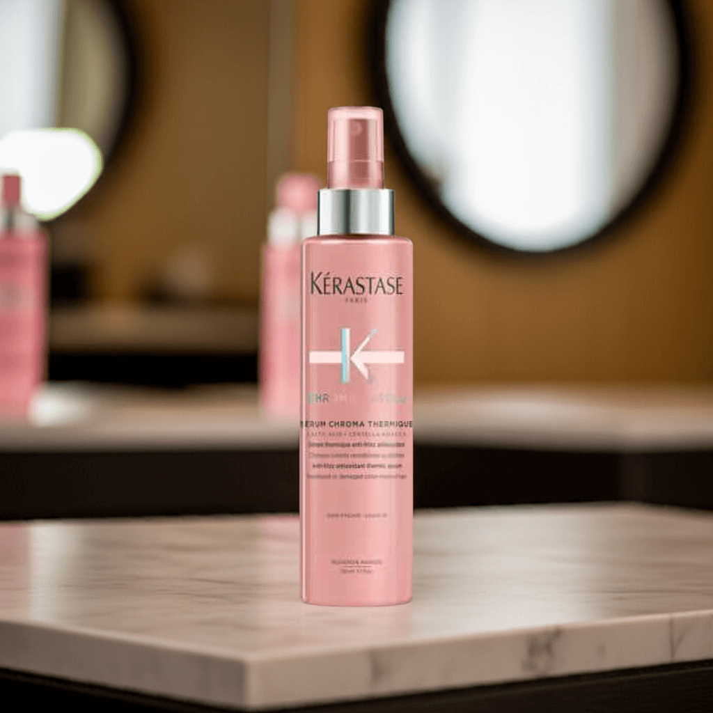 Termoochronne serum Kérastase Chroma Absolu Chroma Thermique 150 ml – produkt w eleganckiej różowej butelce z pompką, przeznaczony do ochrony koloru i wygładzenia włosów.