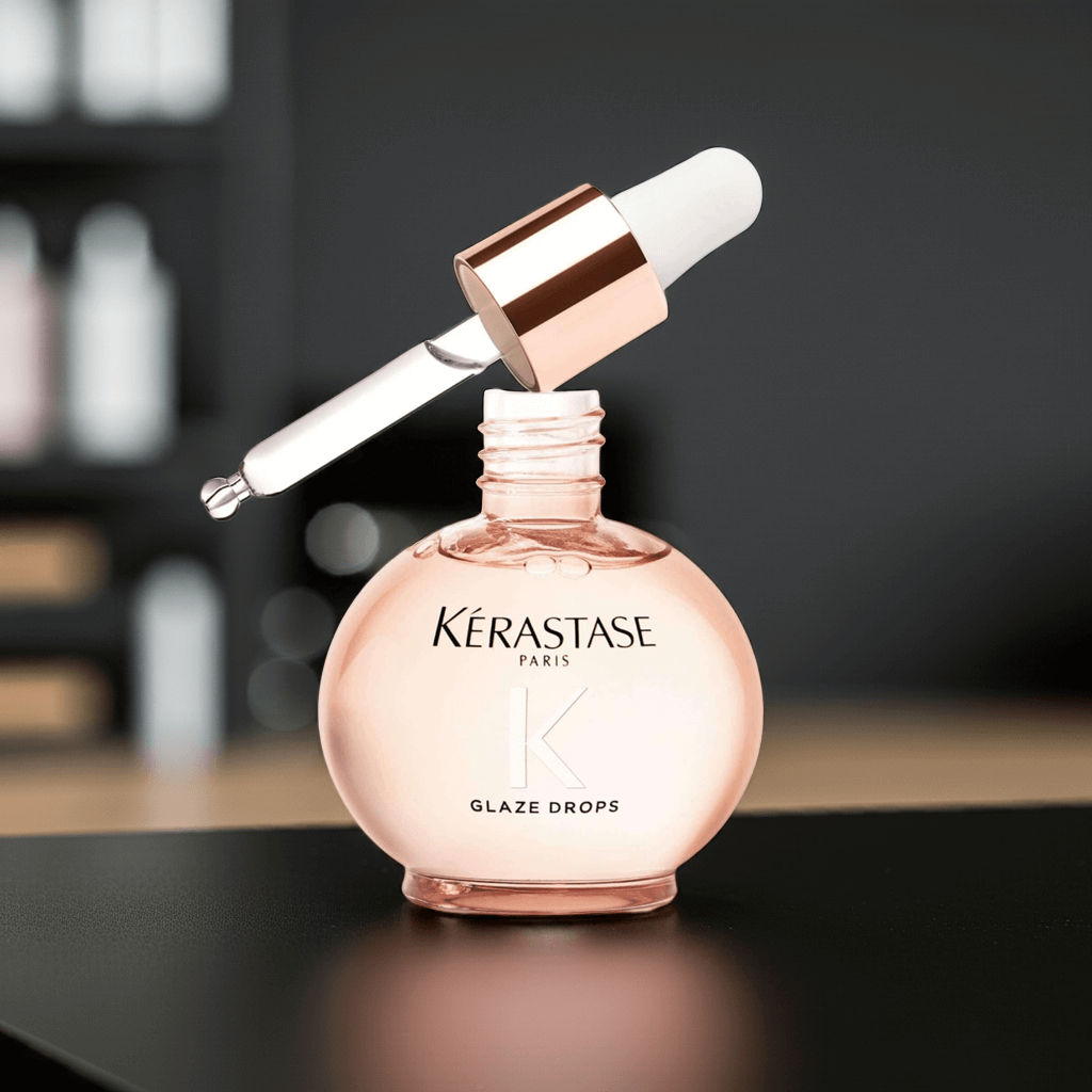 Kérastase Gloss Absolu Glaze Drops – nabłyszczający olejek w okrągłej, przezroczystej buteleczce z pipetą i różowo-złotą nakrętką, idealny do wykończenia fryzury.