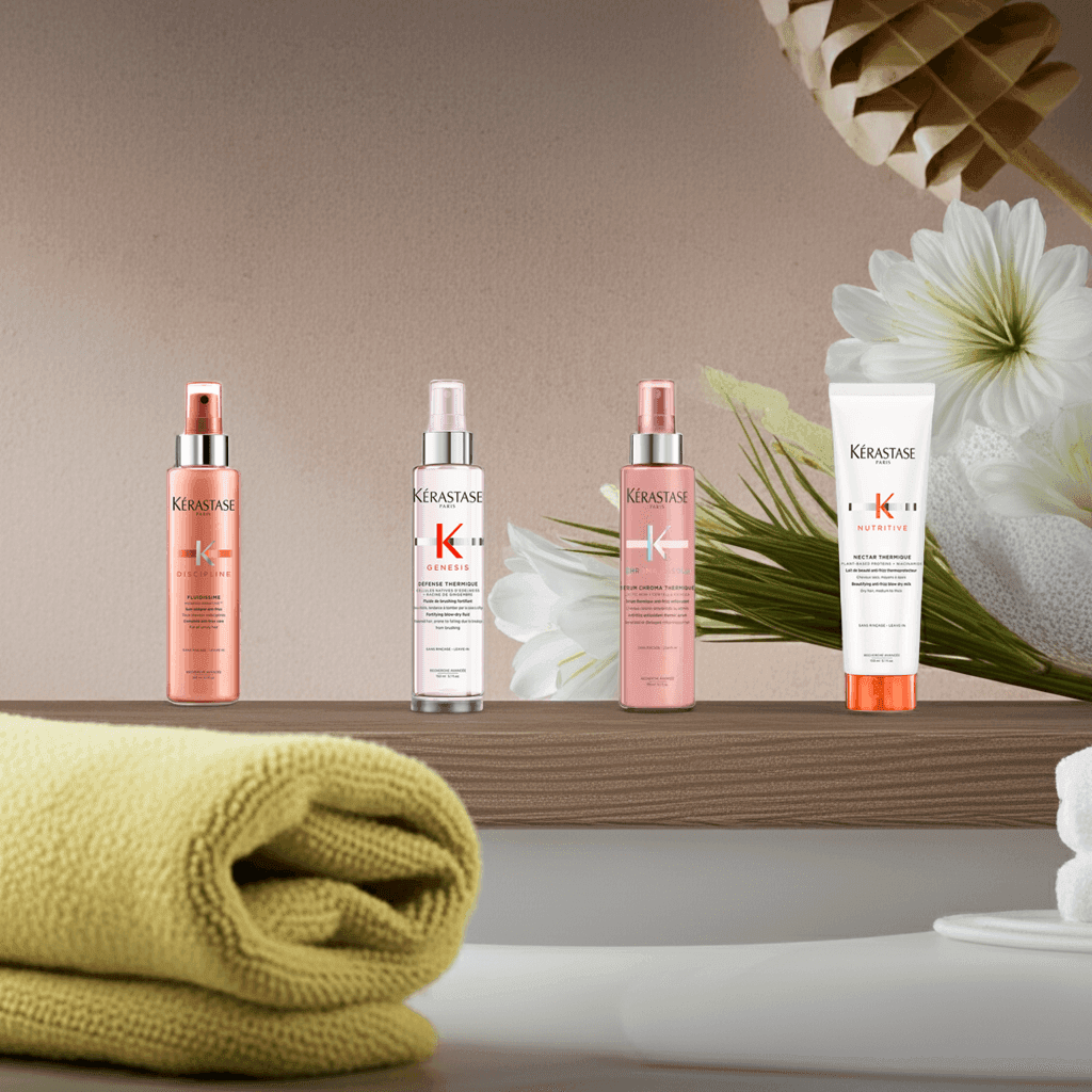 Cztery produkty Kérastase do termoochrony – Discipline Fluidissime, Genesis Défense Thermique, Chroma Absolu Sérum Chroma Thermique oraz Nutritive Nectar Thermique – ustawione na drewnianej półce w eleganckiej, spa-inspirowanej scenerii z białymi kwiatami i ręcznikami.