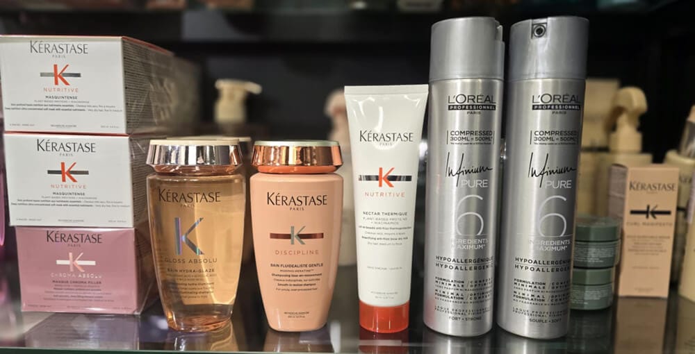 Kosmetyki do pielęgnacji i stylizacji włosów użyte w salonie Agneess: Kérastase Gloss Absolu, Discipline, Nutritive, L’Oréal Infinium