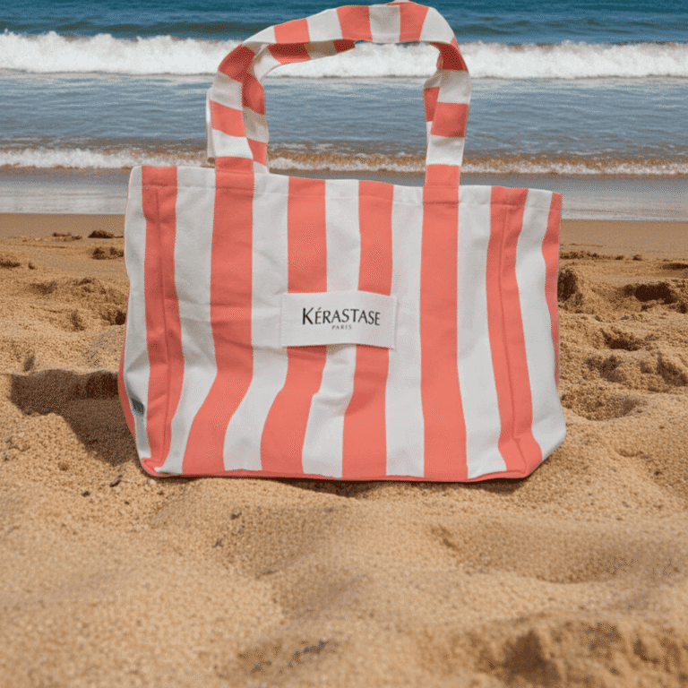Torba plażowa Kérastase o wymiarach 40 × 32 cm w biało-pomarańczowe pasy na plaży; dostępna także w wersji biało-czarnej i biało-żółtej.