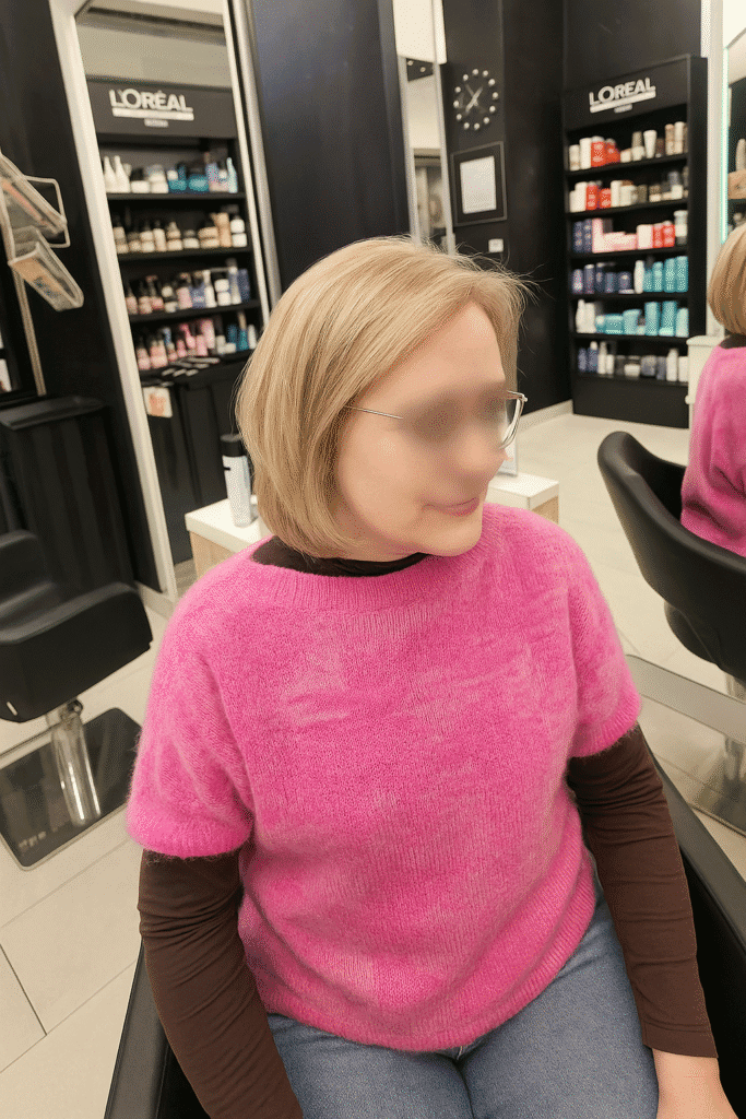 Metamorfoza cienkich włosów – krótki bob po profesjonalnym strzyżeniu w salonie Agneess na Ursynowie.