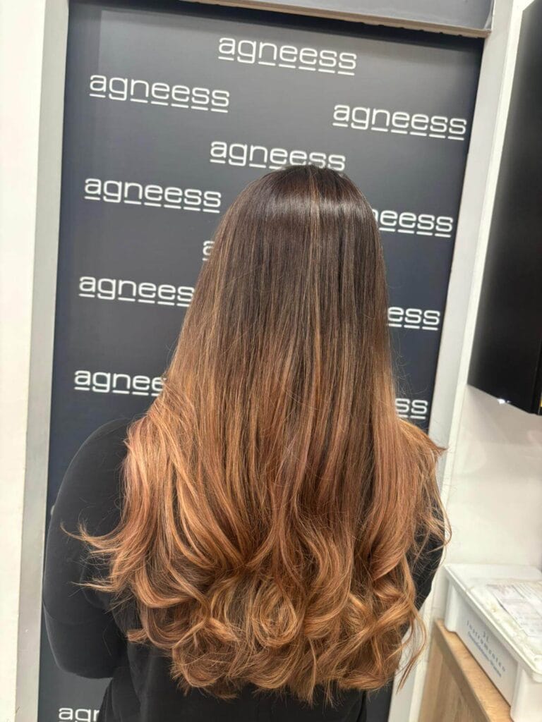 Karmelowe Sombre w neutralnym świetle: głęboki brąz u nasady przechodzący w ciepłe refleksy. Metamorfoza Agneess.