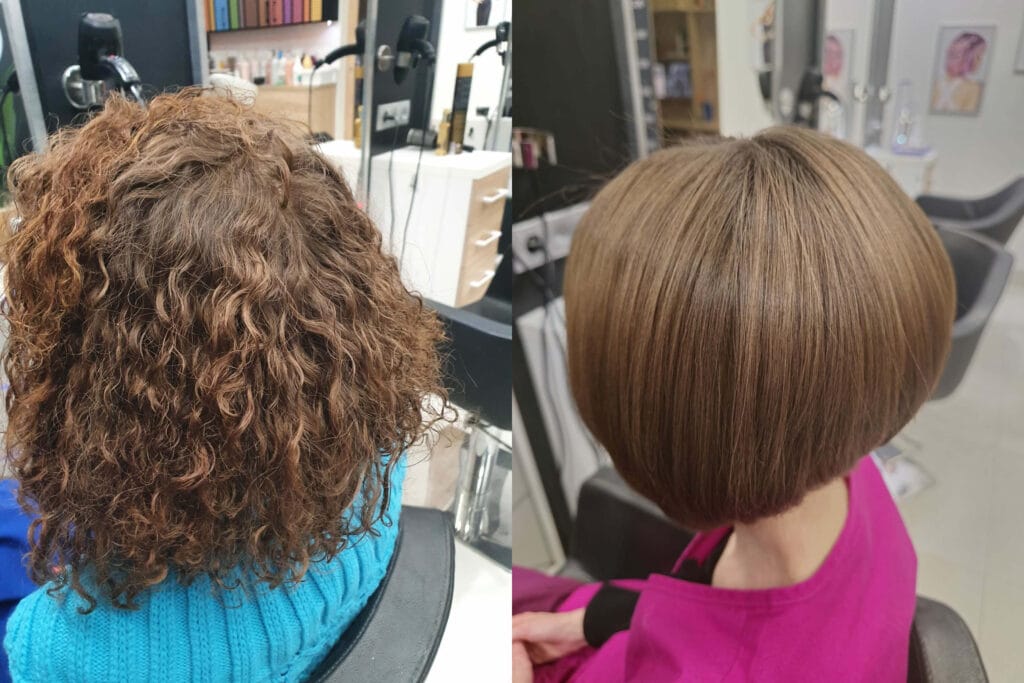 Keratynowe prostowanie włosów – efekt przed i po zabiegu, gładkie i wygładzone włosy po zabiegu w salonie Agneess