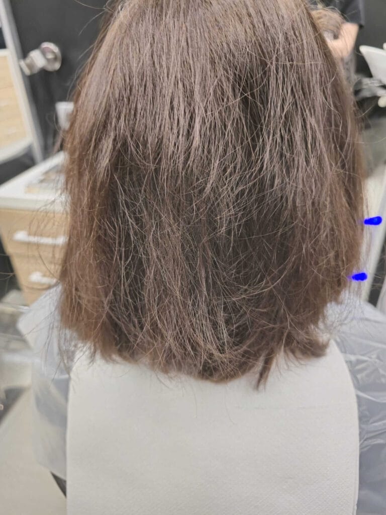 Włosy przed koloryzacją - jednolity brąz bez refleksów i głębi koloru