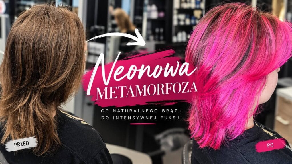 Baner promocyjny salonu Agneess na Ursynowie: spektakularna neonowa metamorfoza koloru włosów z naturalnego ciemnego brązu do intensywnej fuksji, wykonana przez Agnieszkę.